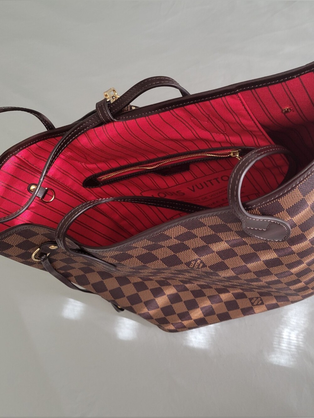 Louis Vuitton Damier Ebene Tote with Red Striped Interior